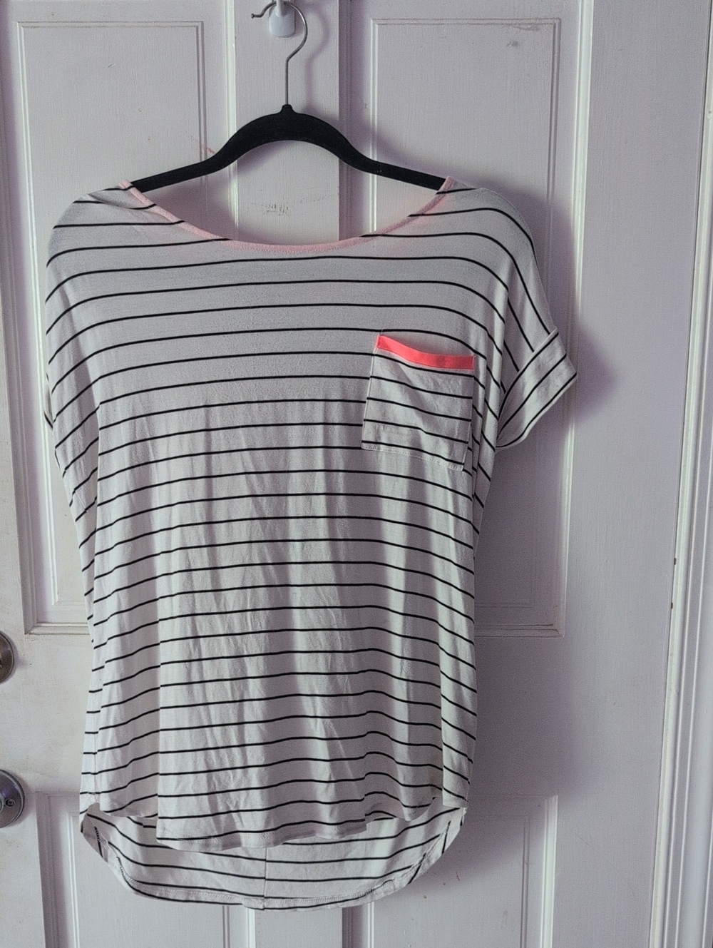 Striped White and Black Pocket Tee with Pink Accent